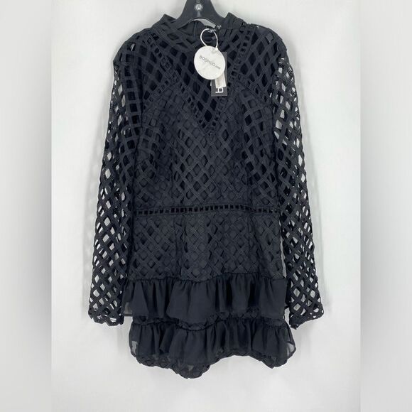 Boohoo Black Elegant Black High Neck Long Sleeve Mesh Mini Dress size 16 - Picture 1 of 3